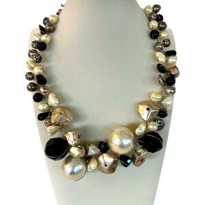 Vintage Abra Black Stone, Silver, and Cultured Pearl Necklace